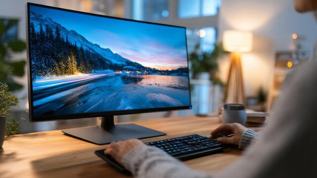 A contemporary home office setup features a large curved monitor showing a beautiful snowy mountain scene. The workspace is organized, stylish, and ideal for productivity and remote work