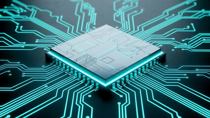 ネオン光で青くきらきら光る回路が基板上を走り、なめらかな質感とともに未来的な雰囲気を演出するCG表現です。テクノロジーの進歩や希望を象徴