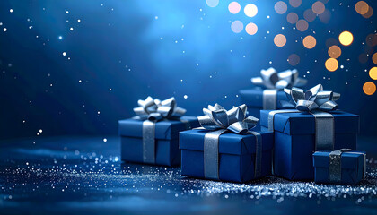 Christmas gift boxes wrapped with a sparkling ribbon sits on a festive surface, surrounded by soft lights and scattered glitter, creating a warm and elegant holiday atmosphere.