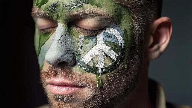 Close-Up Portrait Video of Soldier Closing Eyes with Peace Symbol War Paint