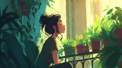 Young Woman with Dark Hair Tied in Bun Sitting on Balcony Surrounded by Green Houseplants in Soft Sunlight