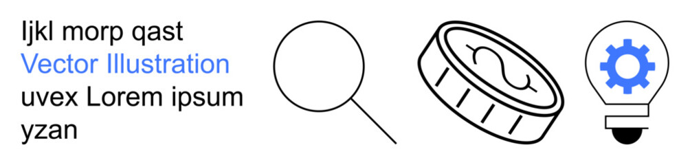 Business solutions, innovation, growth strategies, data analysis, financial planning, progress. magnifying glass, arrow-marked coin light bulb with gear. Innovation and business solutions concepts