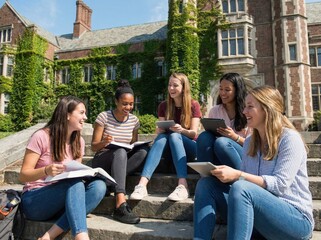 A diverse group of happy female college students studying together outdoors on campus.