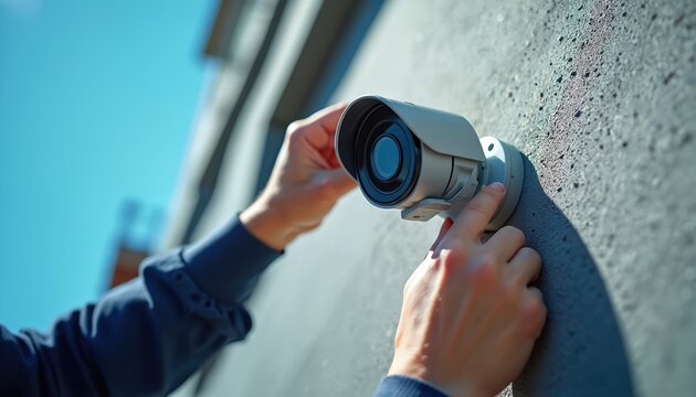 Person installs security camera on wall. Technician mounts CCTV device for building protection. Man fixes surveillance equipment outdoors, blue sky.