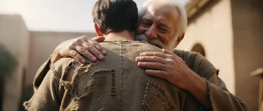 The Prodigal Son's return, torn tunic of the son as his elderly Hebrew father named Jacob embraces him, the father's hands are gentle on the son's back, powerful moment of forgiveness and acceptance