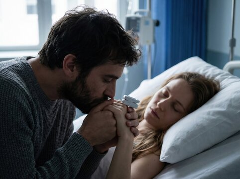 Devoted husband comforts his ill wife, kissing her hand at the hospital bedside.