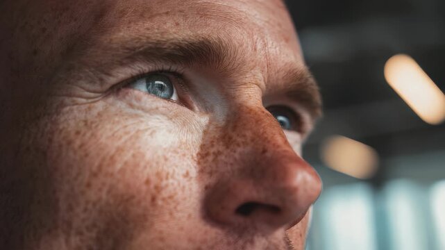 A macro shot highlights the intense gaze and facial features of a freckled man, emphasizing texture and emotion. The image conveys introspection and contemporary masculinity