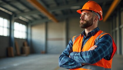 Construction worker stands inside industrial building. Man wears orange hard hat safety vest. Pro architect engineer with beard poses confidently. Worker looks away with serious expression at