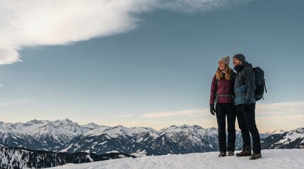 Happy hiking couple enjoying the winter mountain view from the summit.
