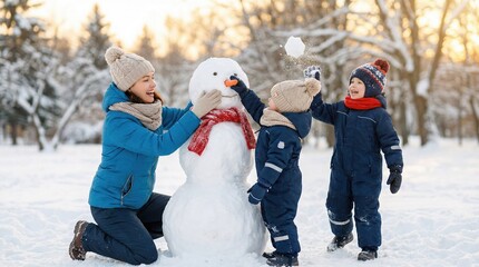 Happy young family with two children building a snowman together in a snowy winter park.