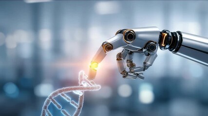 A metallic robotic hand touches a luminous DNA helix, symbolizing the intersection of robotics and genetic engineering. The scene highlights advanced technology and scientific progress - Powered by Adobe