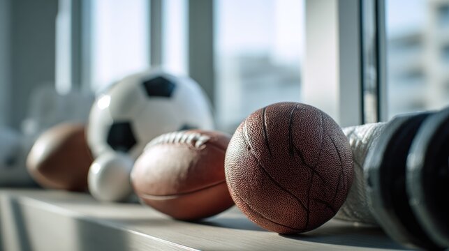 Assortment of Sporting Equipment Displayed on Window Sill, Daylight Illuminating - Powered by Adobe