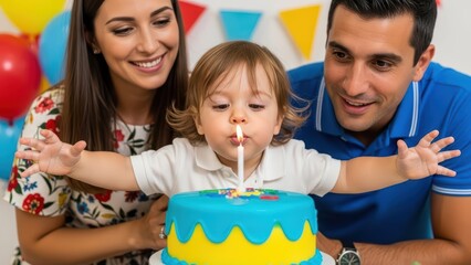 Toddler blowing out candle on birthday cake with parents celebrating joyful occasion