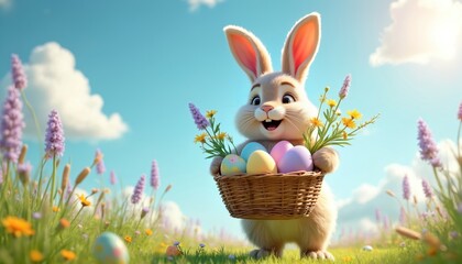 Fluffy bunny holds basket with colorful eggs and flowers in green meadow. Cheerful rabbit celebrates Easter outdoors under blue sky with white clouds.