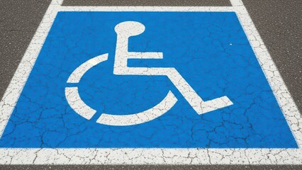 Blue disabled parking space symbol on asphalt in parking lot