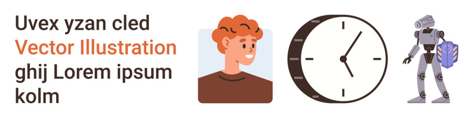 Time management, technology advancement, human and machine interaction, automation, future work, digital innovation. Features a human face, clock and robot. Time management and technology