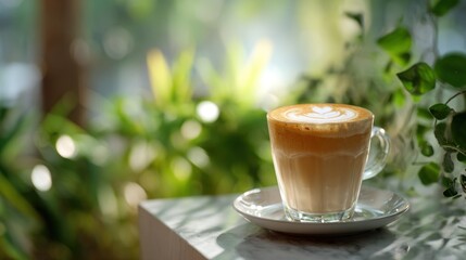 Delicious latte art cappuccino with a blurry green garden in background