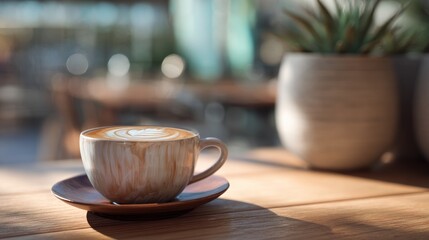 Fototapeta premium Delightful latte art: A wooden cup of coffee in warm morning sunlight