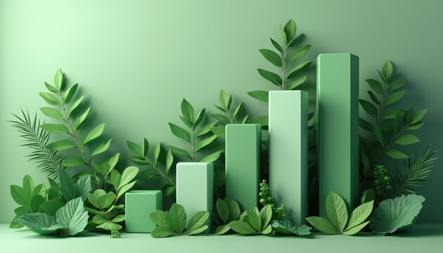 Green bar graph with fresh leaves suggests eco growth. This shows financial progress in business. Represents sustainable investment. Good for green economy analysis. Ideas for nature finance.