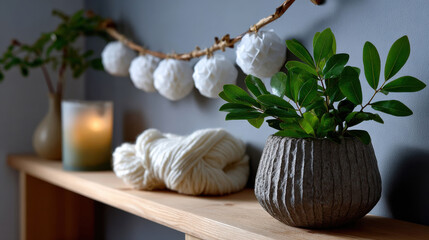 An arranged shelf showcasing soft elements like yarn, gentle lighting, and lush greenery, promoting a calming and aesthetically pleasing environment in home decor.