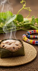 Obraz premium Steamed Cameroonian Koki – Black-Eyed Pea Pudding in Banana Leaf on Woven Mat, Fulani Bead Necklace