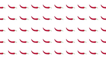 Repeating pattern of red chili peppers on white background. Suitable for kitchen decor, culinary designs, food packaging, and mexican cuisine themes.