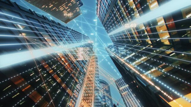 Smart digital city, wide angle dolly shot futuristic cityscape, cyberspace high-rise skyscrapers, immersed high-tech downtown financial district glowing buildings, artificial intelligence technology