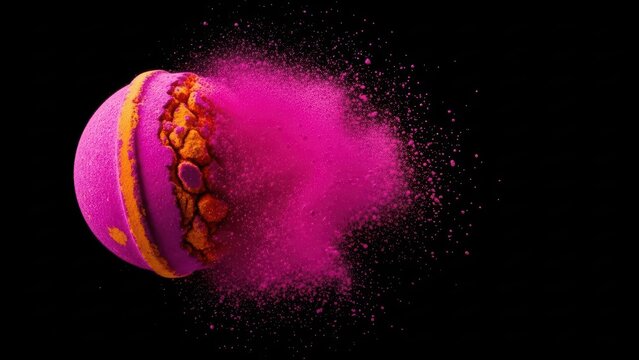 Colorful bath bomb exploding with pink powder on black background - Powered by Adobe