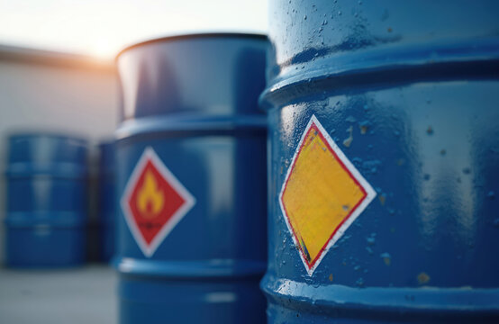 Blue metal drums hazard symbols for flammability, unknown chemical content. Outdoors suggesting storage transport of industrial materials. Safety precautions important for containers.