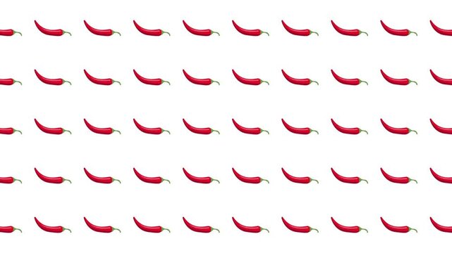Repeating pattern of red chili peppers on white background. Suitable for kitchen decor, culinary designs, food packaging, and mexican cuisine themes.