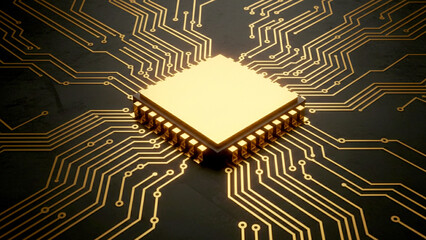 ネオン光で金色にきらきら光る回路が基板上を走り、なめらかな質感とともに未来的な雰囲気を演出するCG表現です。テクノロジーの進歩や希望を象徴
