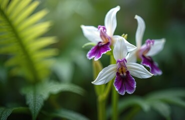 Naklejka premium Lesser swamp orchid blooms with delicate white, purple petals. This native Australian flora grows in moist areas, featuring intricate floral patterns, rich green foliage background. Beauty of nature.