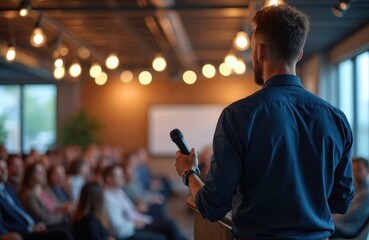 Speaker delivers presentation. Man with microphone stands at podium. Audience listens. Conference event meeting for business people. Public speech at convention or seminar.
