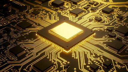 ネオン光で金色にきらきら光る回路が基板上を走り、なめらかな質感とともに未来的な雰囲気を演出するCG表現です。テクノロジーの進歩や希望を象徴