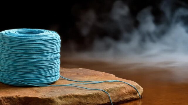 A spool of blue thread sits on a rock against a dark backdrop with misty accents