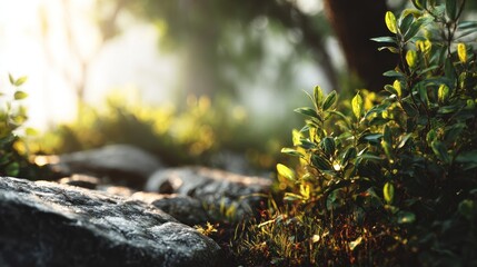 Serene forest floor scene with rocks, plants, and diffused sunlight in nature