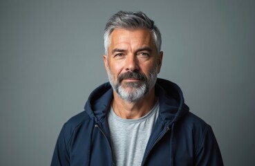 Obraz premium Middle aged man with grey hair and beard looking directly at camera. He wears a blue zip up jacket over a grey t-shirt. His expression is calm and serious.