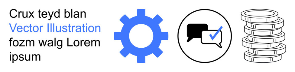 Communication, finance, workflow, approval, efficiency, technology. Blue gear icon, chat bubble with check symbol and coin stack in black and white. Communication and finance concept visuals