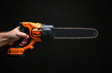 Hand holds orange cordless chainsaw against dark background. Battery operated tool for cutting wood. Portable power equipment for home or professional use.