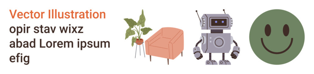 Home decor, artificial intelligence, digital communication, technology, modern lifestyle, positivity. Potted plant, couch robot and happy face. Home decor and artificial intelligence concepts