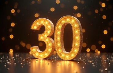 Golden sparkling number 30 with bokeh lights. Symbol 30 for thirtieth birthday party or business anniversary celebration. Modern luxury event design graphic.