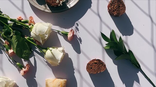 Overhead flat lay of dark sliced bread on a ceramic plate with a croissant, flowers, and natural window light shadows.