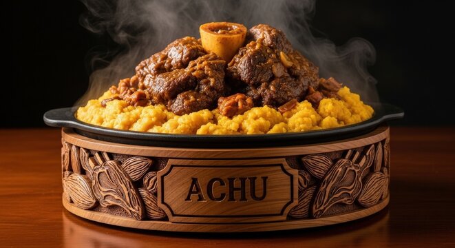 Pot of Achu with Beef Shank &ndash; Cameroonian Yellow Soup, Sapele Wood Sign, Cocoyam & Beef Rib Motifs