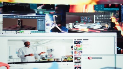 Mixed videos mosaic mirroring modern media consumption habits. Abstraction of social networks feedback and viral engagement, highlighting modern digital lifestyle based on trends