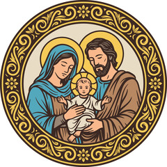 Nativity Scene with Holy Family, Mary, Joseph, and Baby Jesus. Lineal illustration.