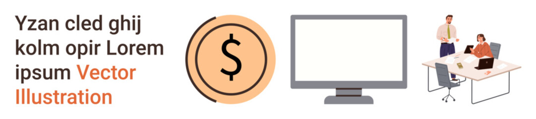 Business strategy, teamwork, career growth, finance, office communication, virtual work setup. A dollar sign icon, a computer screen and two professionals in a workplace. Business strategy