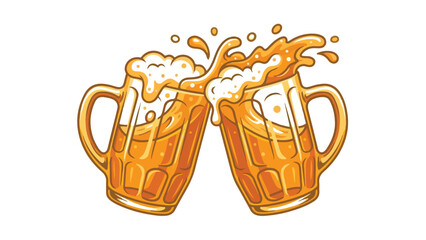 Two beer mugs clinking together in a celebratory toast with frothy beer splashing out isolated on a white background.