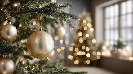 Golden ornaments hanging on a Christmas tree with soft bokeh lights in the background, creating a warm and festive atmosphere for holiday celebrations and gatherings