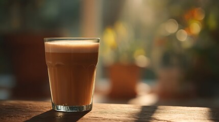 Aesthetic closeup of frothy masala chai in glass on sunlit wooden surface