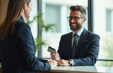 Smiling man in suit pays with credit card at hotel reception desk. Woman works at front counter checking guest in, making payment. Business travel.